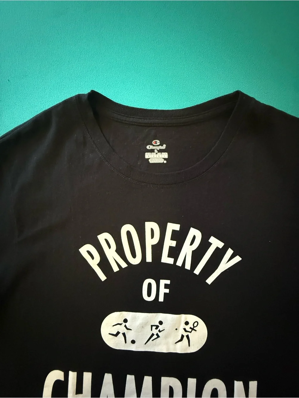 Champion Black T-Shirt with White 'Property of Champion Ath Dept.' Graphic - Picture 2 of 2